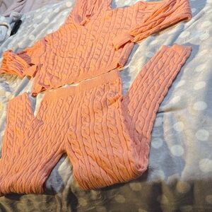 Cozy Pink/Coral Cable Knit Hoodie and Pants Set
